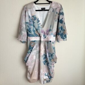 City Chic Faux Wrap Dress Womens XS/14 Multicolor Floral Chiffon V-Neck Flutter